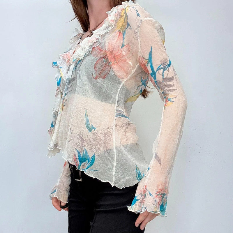sheer crinkle silk flutter shirt