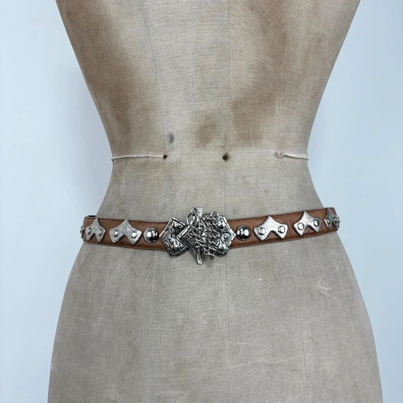 silver metal western leather belt