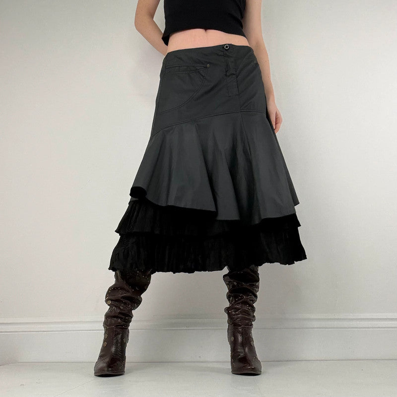 black pleated layered flared midi skirt