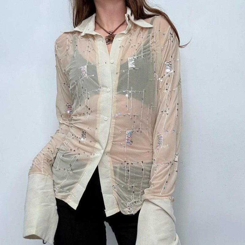 sheer mesh flared embroidered shirt