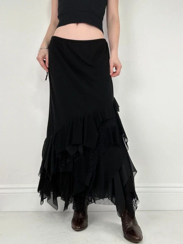 black ruffle grunge layered whimsygoth maxi skirt