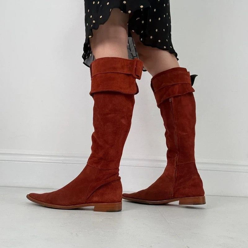 Pointed toe burnt orange suede buckle 70s boots
