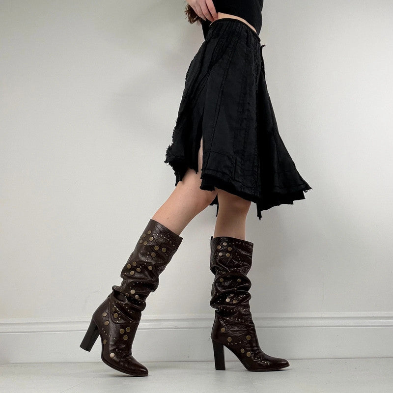 distressed black linen asymmetric flared midi skirt