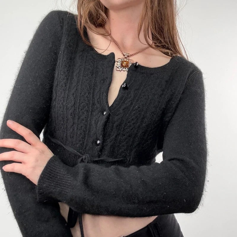 black cropped preppy angora wool cardigan