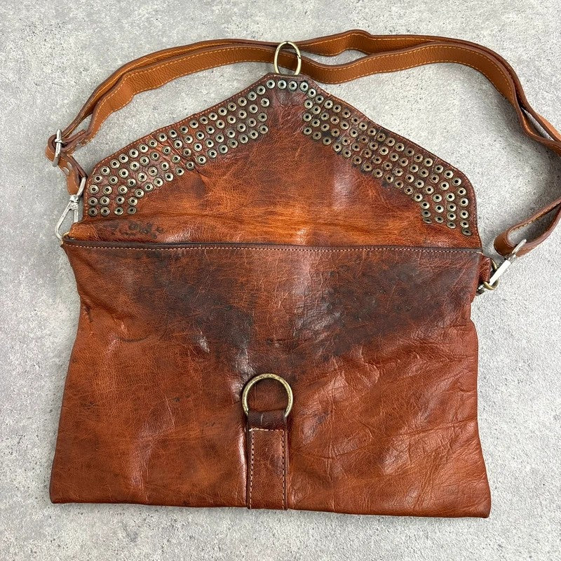 Studded distressed brown leather cargo messenger bag