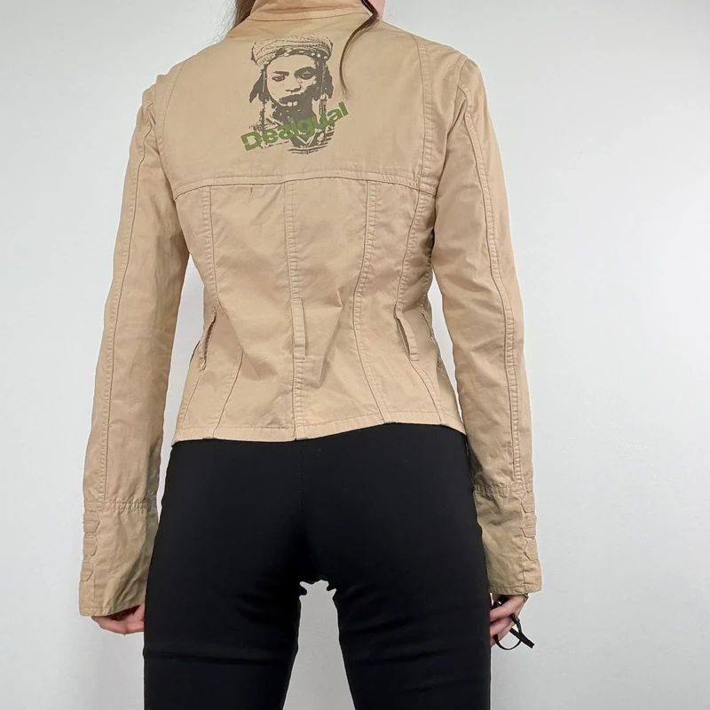 tan fitted panelled military jacket