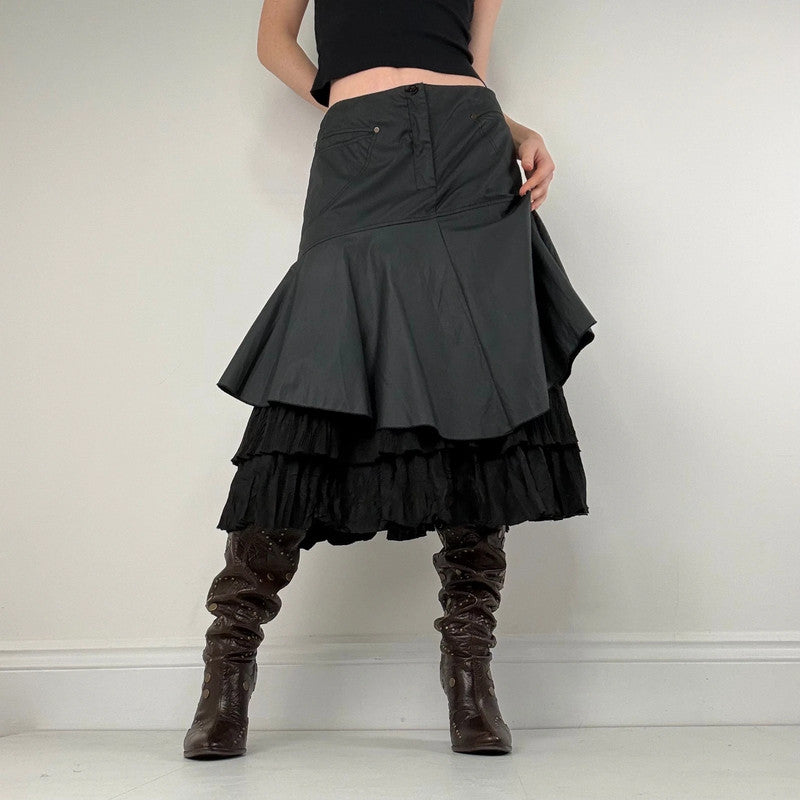 black pleated layered flared midi skirt