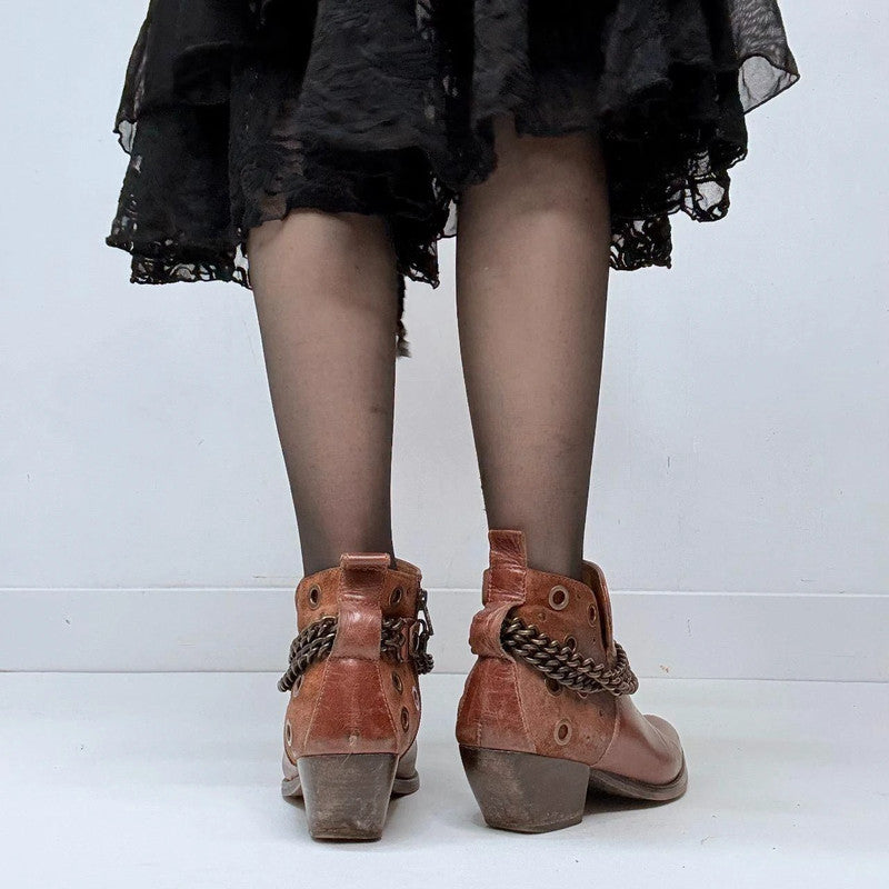 brown leather studded buckle boots