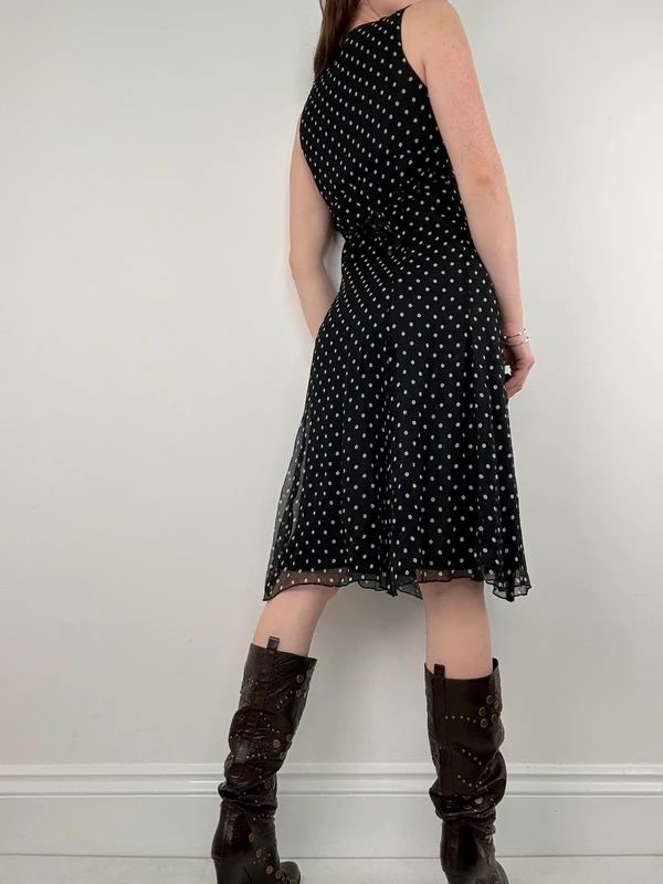 silk black and white polkadot slip dress