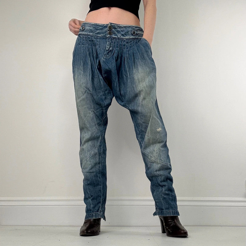 pleated low rise barrel archival puff jeans