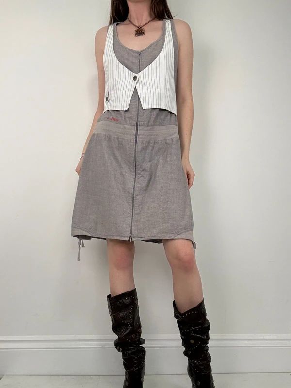 Grey pinstriped layered waistcoat dress