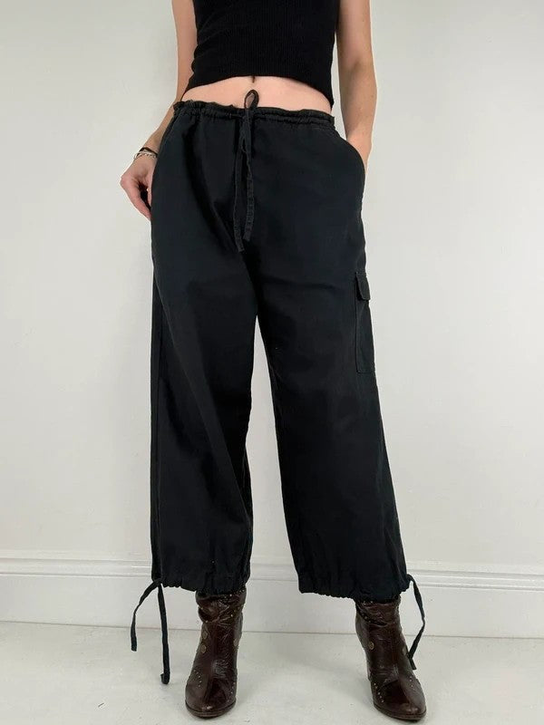 navy drawstring linen low rise trousers
