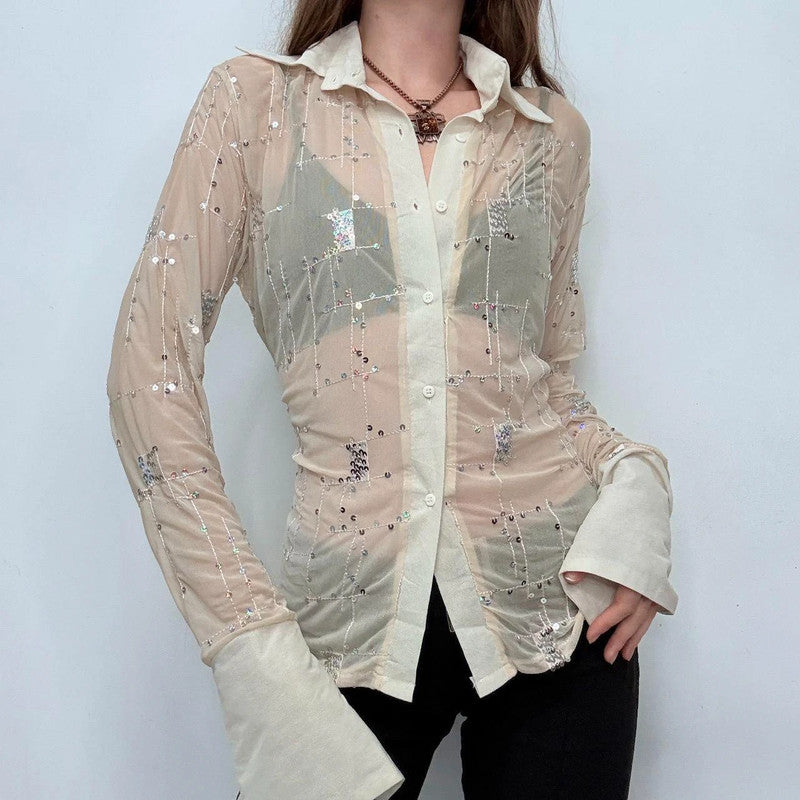 sheer mesh flared embroidered shirt