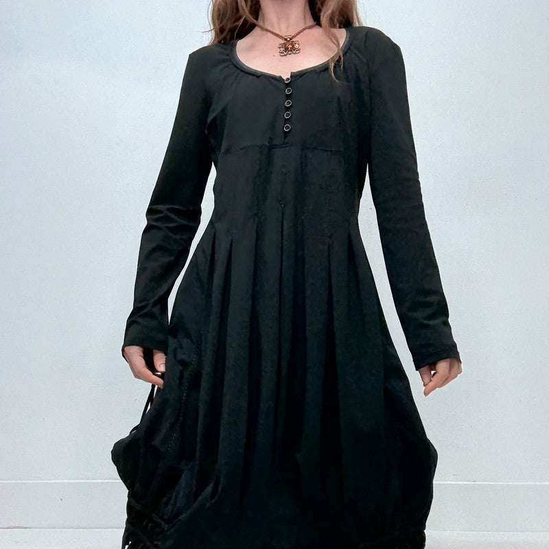 black long sleeve pleated puff midi dress