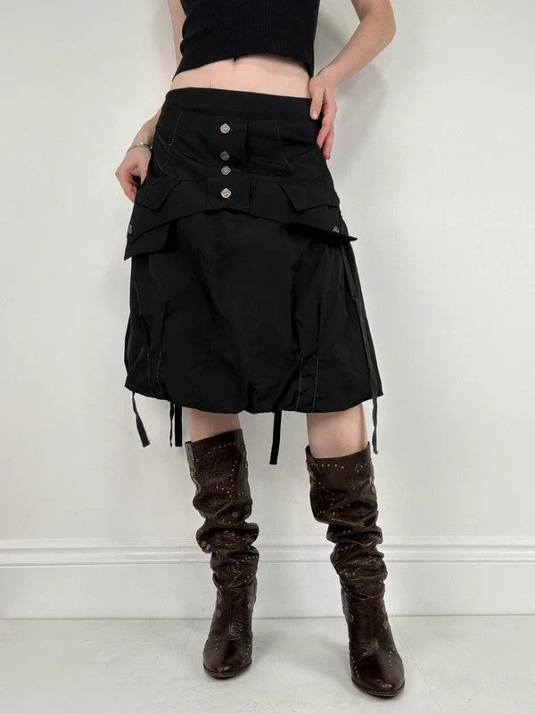 black grunge puff midi skirt