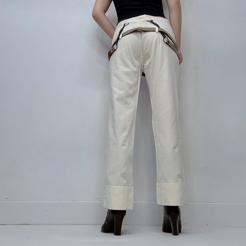 white low rise structured leather belted trousers