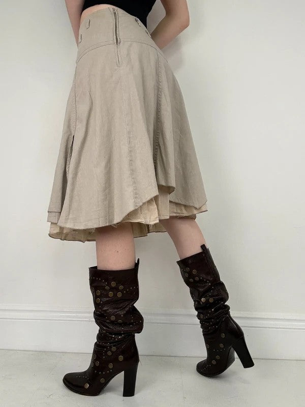 beige linen flared layered midi skirt