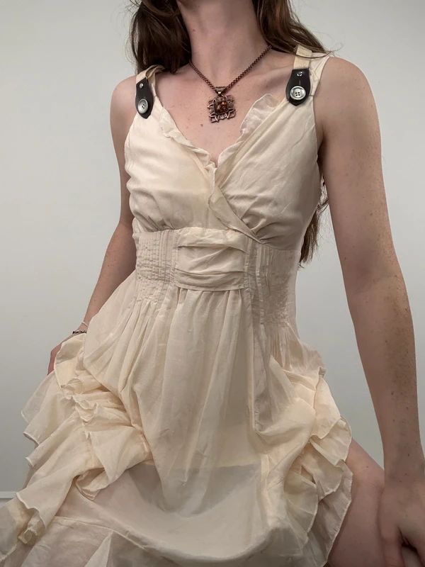 cream layered ruffle cotton silk summer mini dress