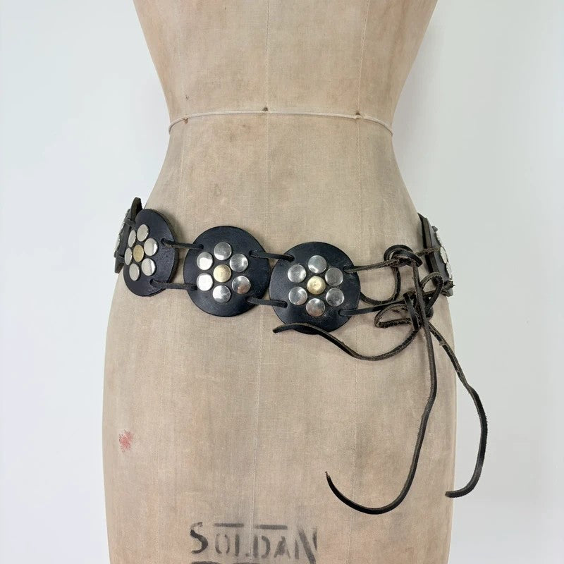 Black leather studded circle belt