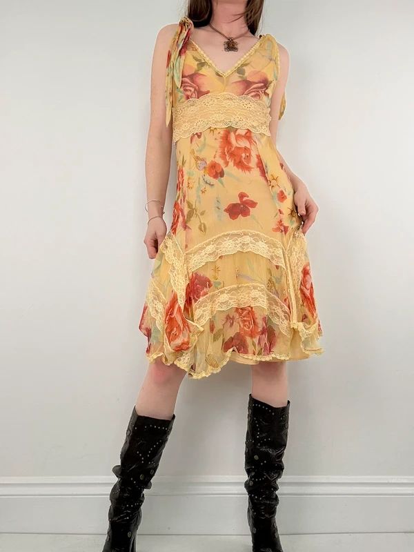 Butter yellow summer dress layered floral watercolour