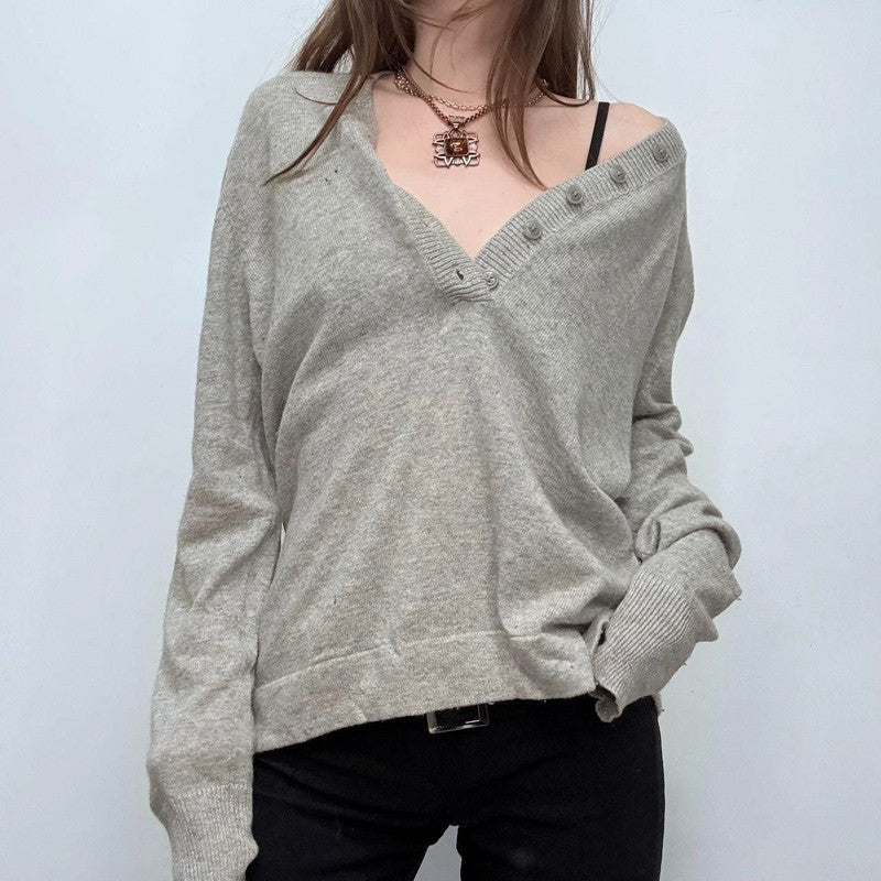 grey slouchy button knitted jumper