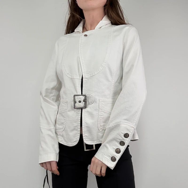 white buckle belted military jacket