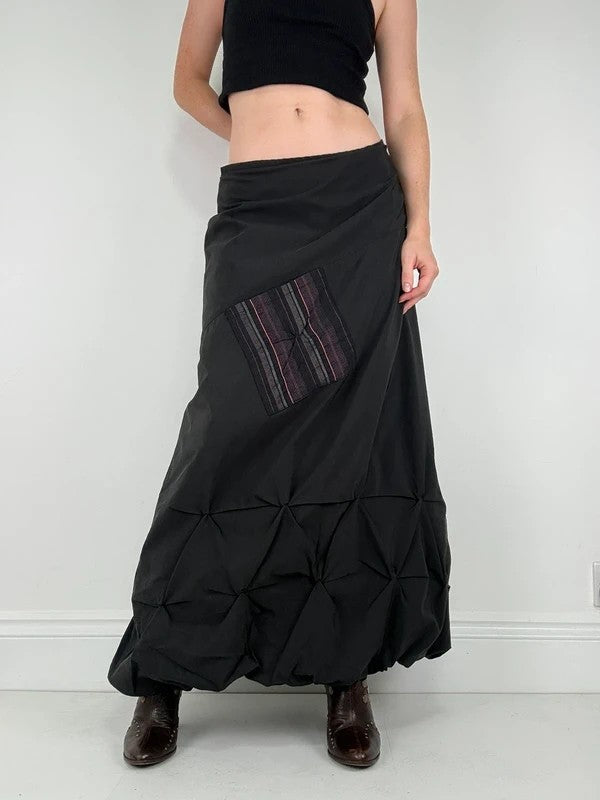 Black pleated puff maxi cargo skirt