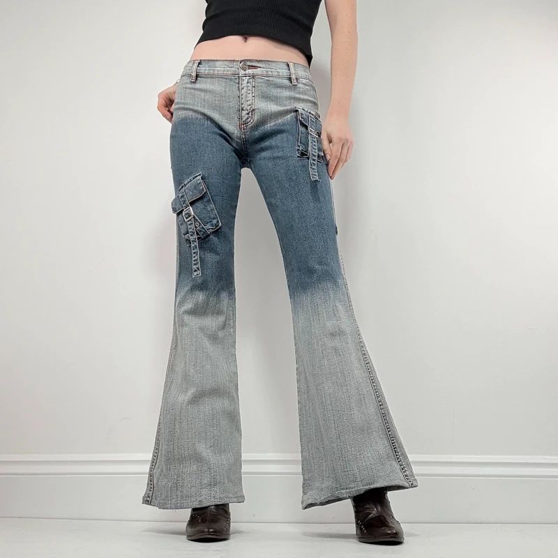 distressed fade flared jeans