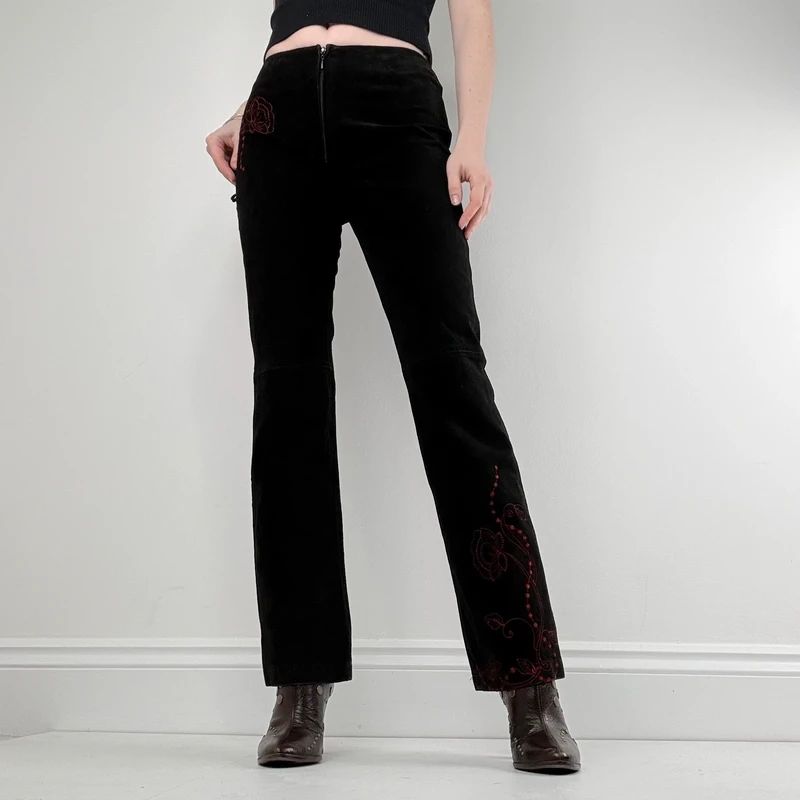 black suede embroidery flared trousers
