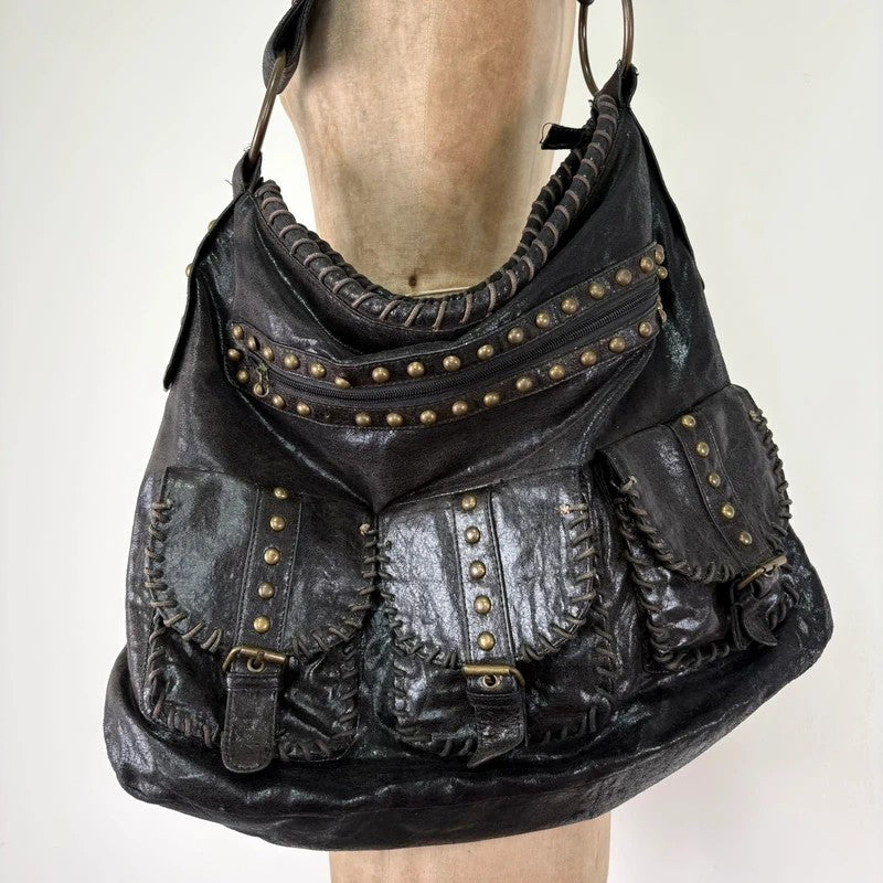 Black studded stitched slouchy shoulder bag