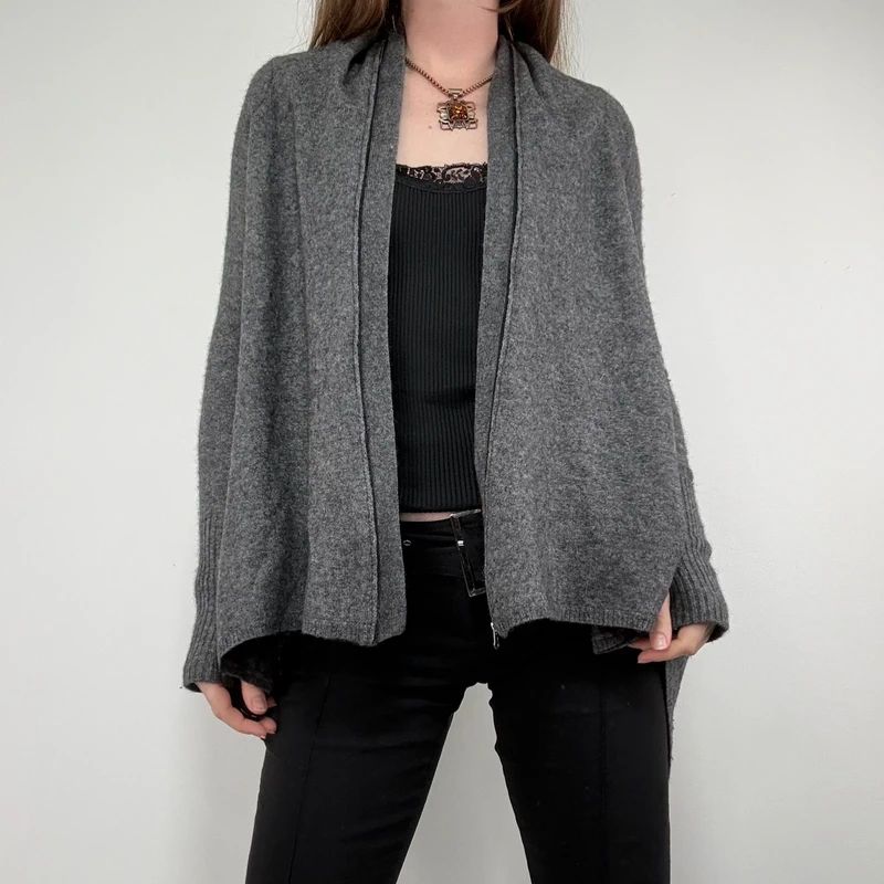 Asymmetric grey wool zip cardigan