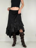 Black crinkle pleated cinched ruffle maxi skirt