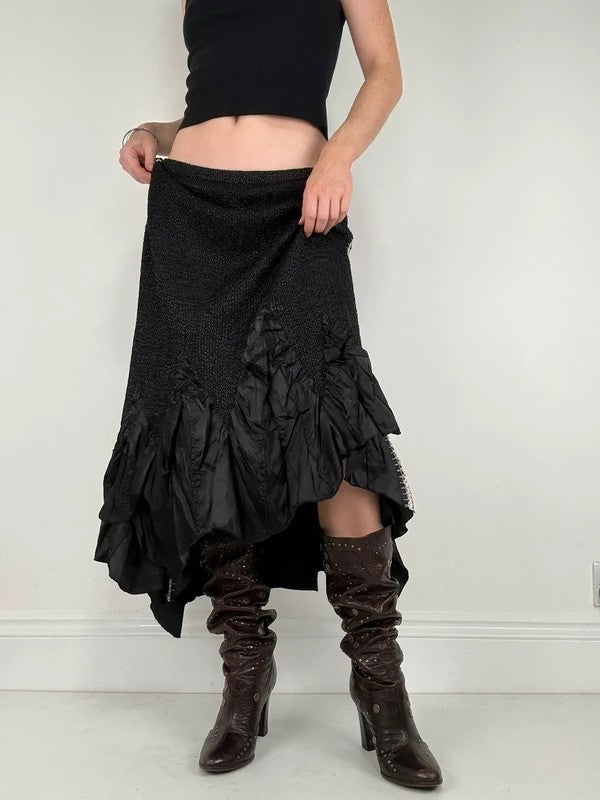 Black crinkle pleated cinched ruffle maxi skirt