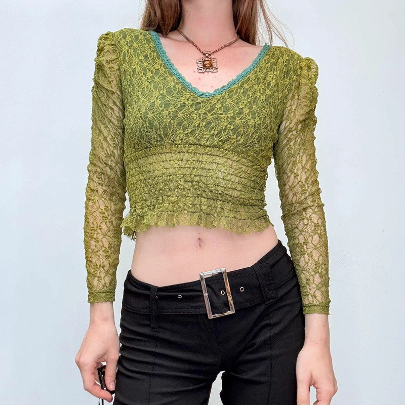 green lace cropped blouse top