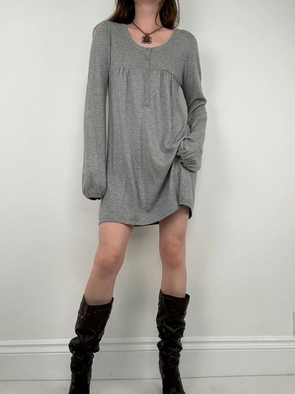 slouchy grey knit long sleeve mini dress