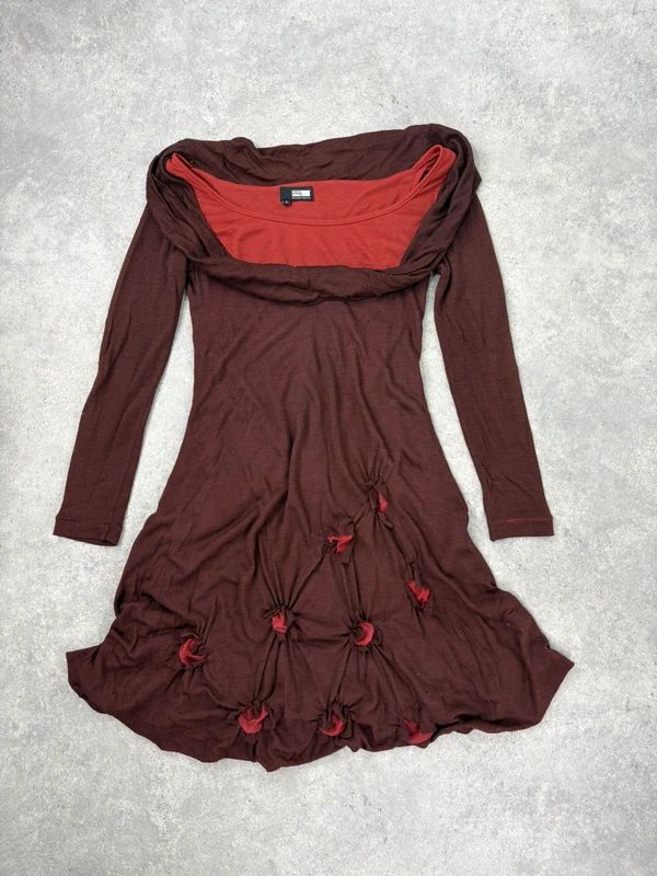 layered cinched long sleeve burgundy flared dress