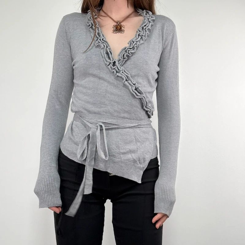 grey knit ruffle wrap cardigan