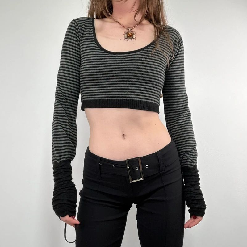 cropped pinstripe gathered engineered jumper