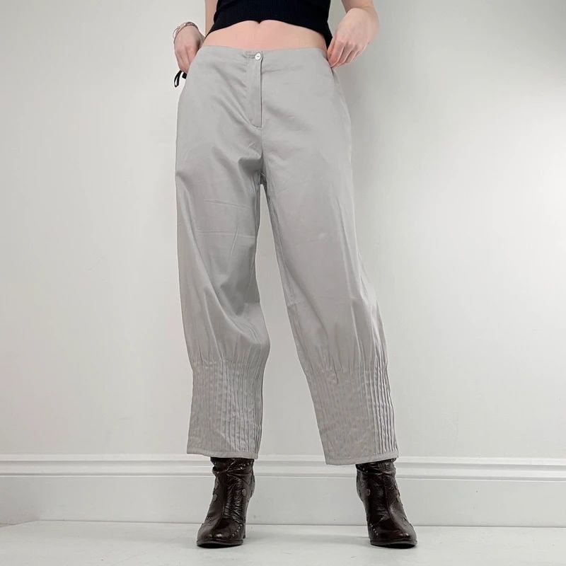 grey pleated puff barrel trousers