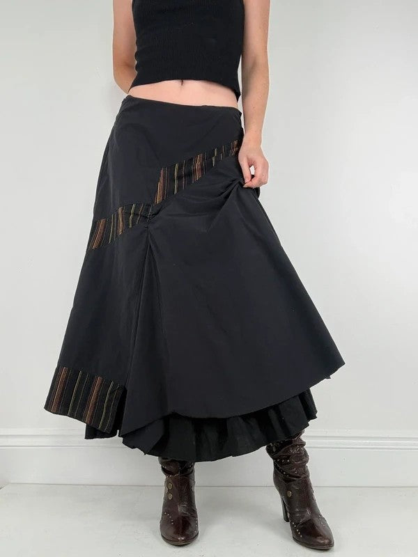 Black flared pleated pinstriped layered maxi skirt