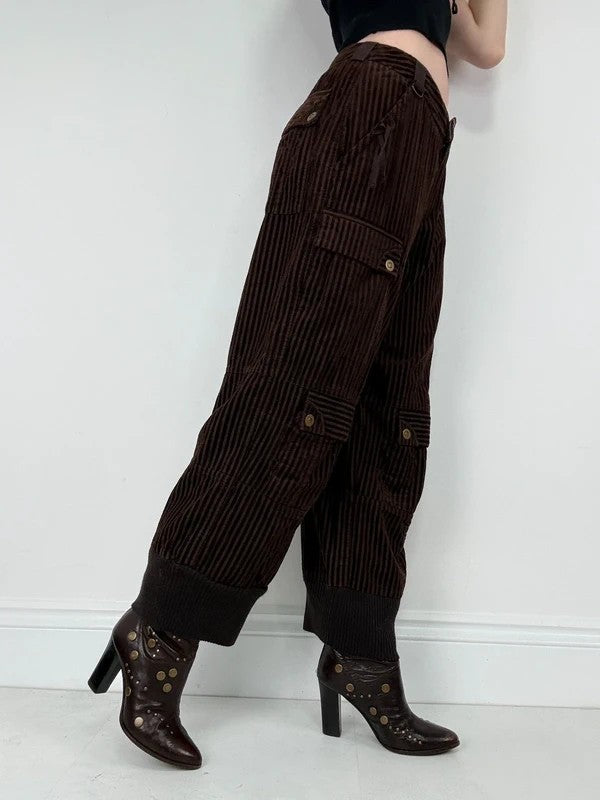 brown pinstriped ribbed Jumbo cord capri trousers