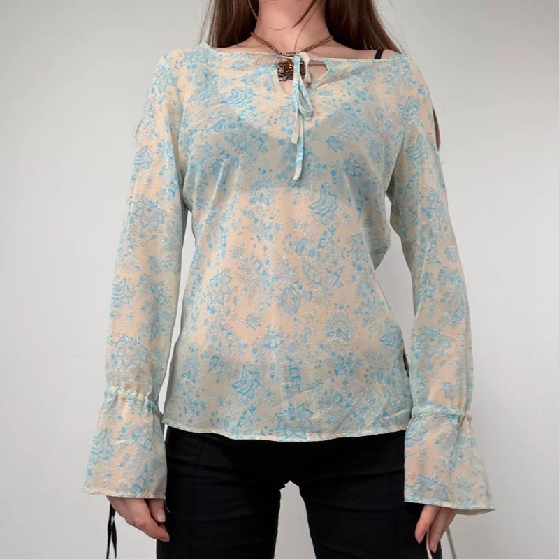 sheer floral flutter ETAM blouse with flare cuffs