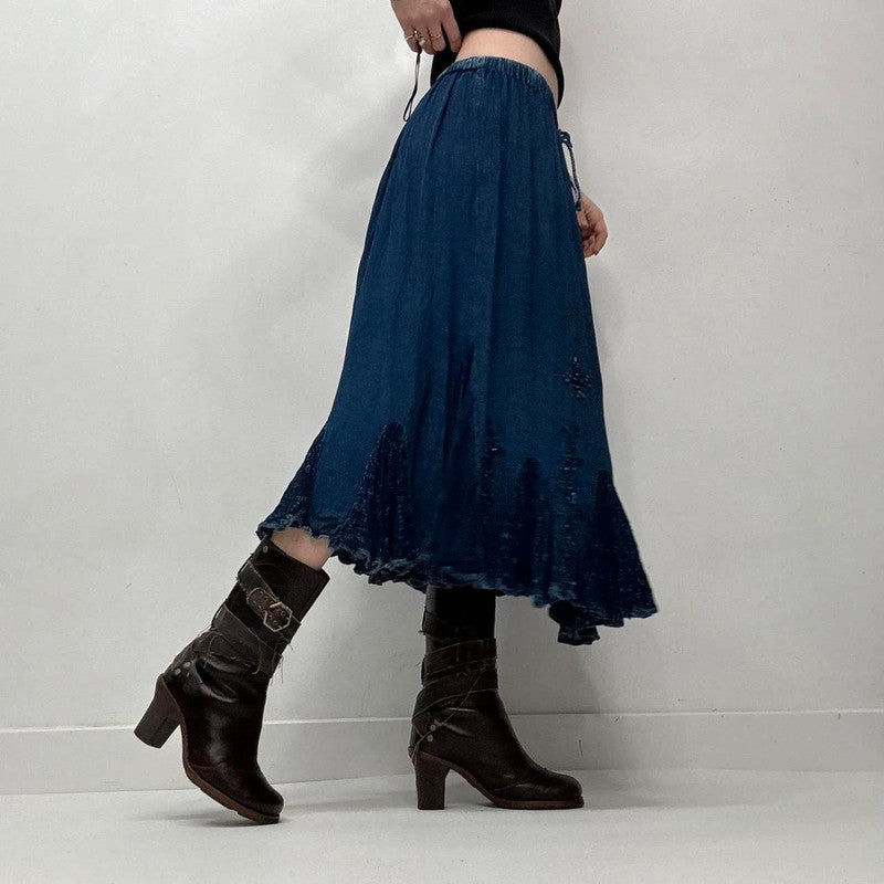 blue boho hippy midi skirt