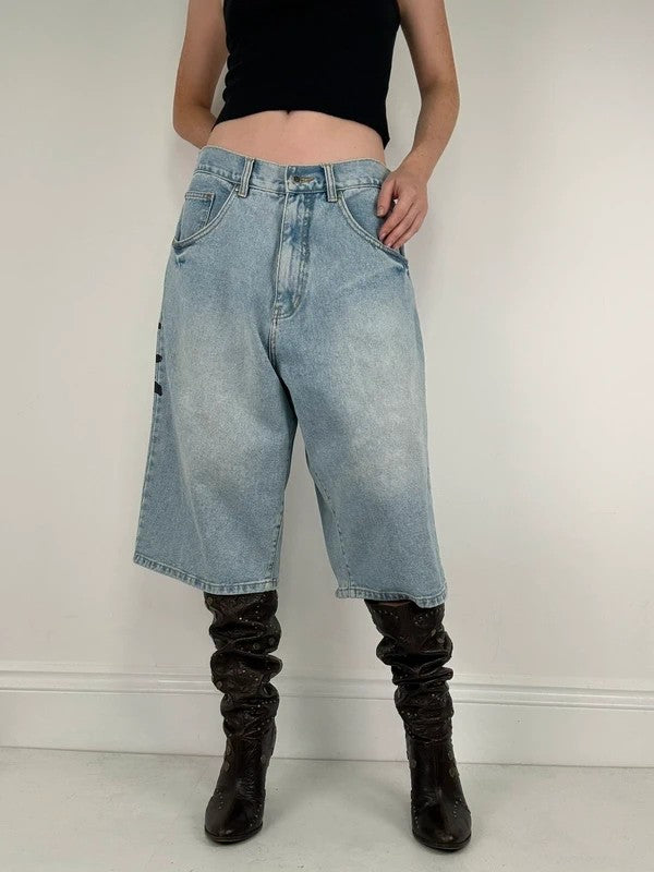 oversized wide leg denim jorts with graphic print