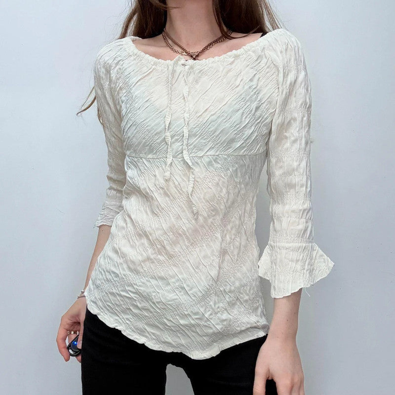 cream flared wide neck crinkle shirt