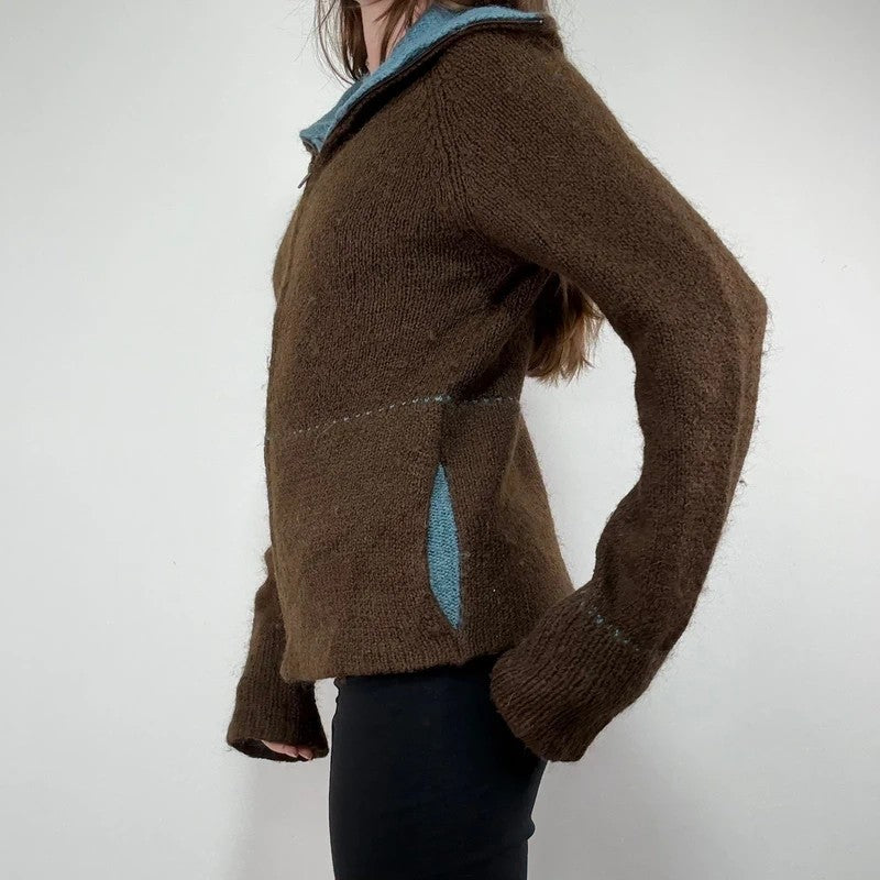 brown knit flared zip through cardigan