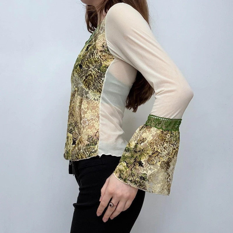 khaki flared lace boho shirt