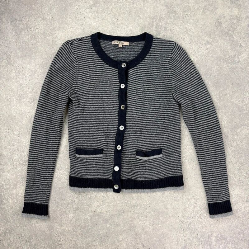 navy pinstripe button up cardigan crewneck