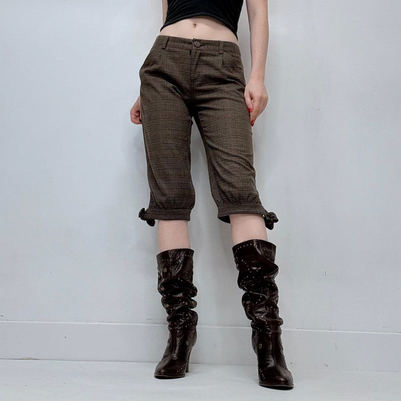 brown tartan preppy cropped puff capri pants