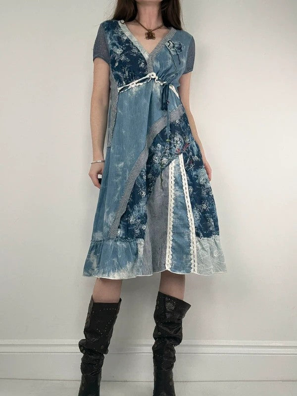 Floral lace blue flared patchwork midi dress